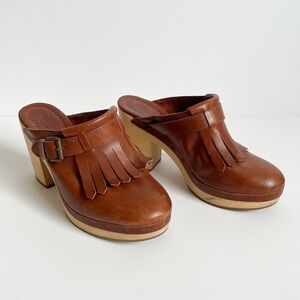 Madewell Cognac Leather Kiltie Slip-on Mule Heel Clogs Wood Block Heels Fringe